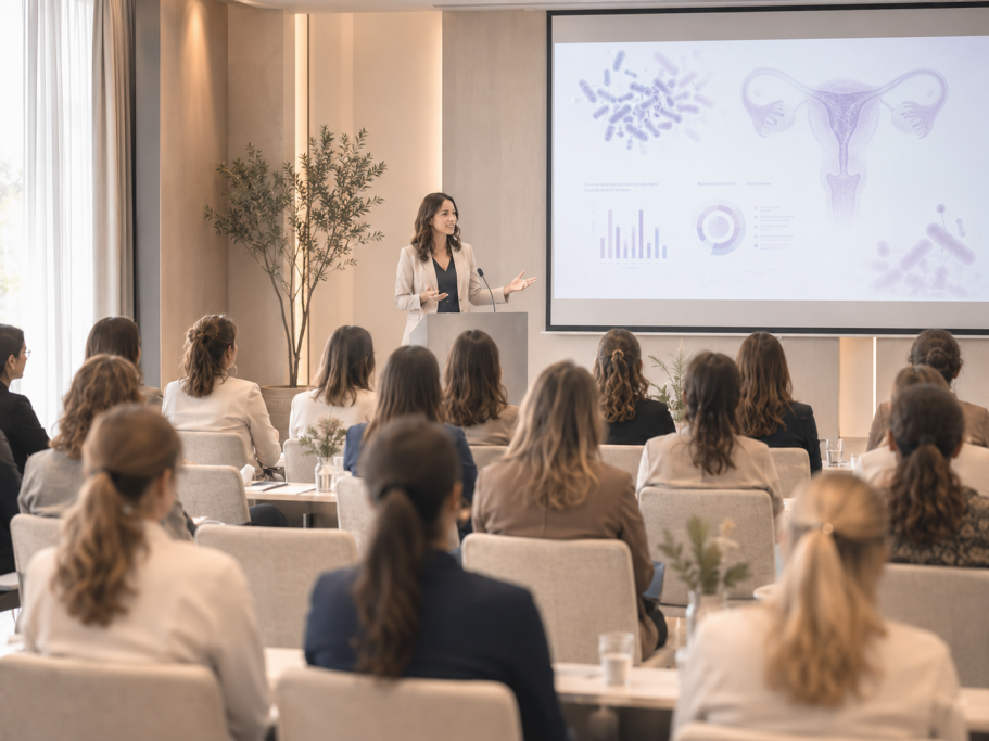 Mujer presentando en una sala, con gráficos sobre salud reproductiva en pantalla.