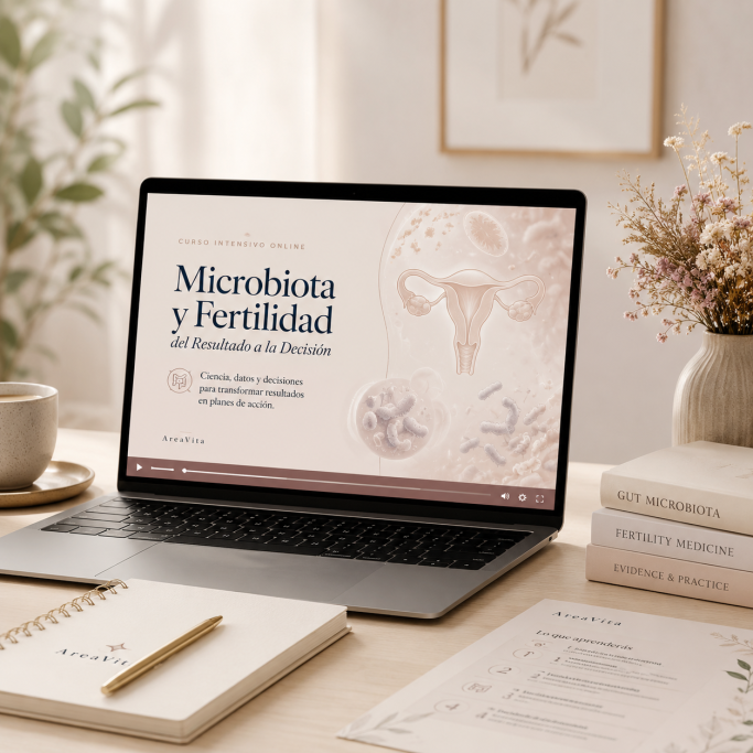 Portátil sobre una mesa con información sobre microbiota y fertilidad. Cuaderno y flores.