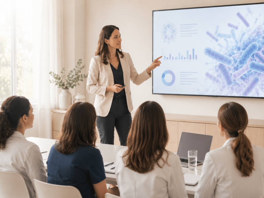 Mujer presentando gráficos en una reunión frente a un grupo de profesionales.